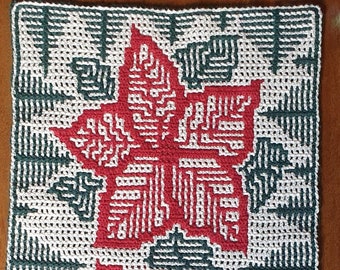May include: A crocheted wall hanging with a geometric design featuring two red leaves on a white and green background.