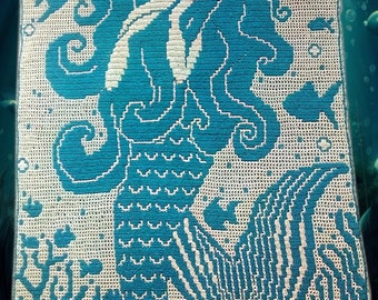 Mermaid digital pattern for overlay mosaic crochet and interlocking filet crochet in English US terms and Dutch