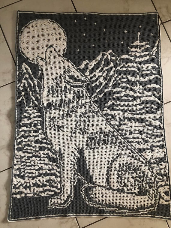 Wolf Howling to the Moon Interlocking Filet Crochet and Overlay Mosaic Crochet Pattern. DIGITAL PATTERN ONLY Etsy