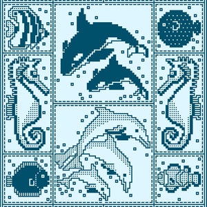 Peut inclure: Un motif pixel art bleu et blanc repr&eacute;sentant diverses cr&eacute;atures marines, notamment des &eacute;toiles de mer, des hippocampes, des poissons et des dauphins. Le motif est encadr&eacute; d'une bordure bleue &agrave; points.