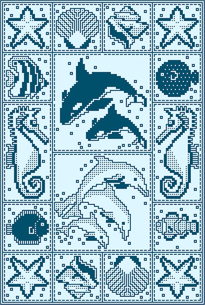 Peut inclure: Un motif pixel art bleu et blanc repr&eacute;sentant diverses cr&eacute;atures marines, notamment des &eacute;toiles de mer, des hippocampes, des poissons et des dauphins. Le motif est encadr&eacute; d'une bordure bleue &agrave; points.