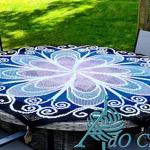 Flower Octagon, digital pattern overlay mosaic and interlocking filet crochet in English, German and Dutch