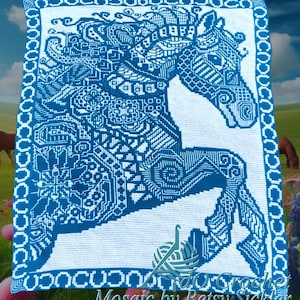 Zen Tangle Horse, a digital crochet pattern for overlay mosaic and interlocking filet crochet in English, German and Dutch.