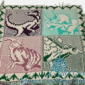 Dinosaur 4 squares, overlay mosaic and interlocking filet in English en Nederlands