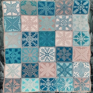May include: A crocheted blanket featuring a geometric pattern in shades of blue and pink. The blanket is made up of individual squares that are joined together. The squares have a variety of different designs, including snowflakes and stars. The blanket is called "Interlocking" by Marleen Hartog.