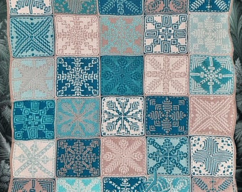Ice Flowers & Snowflakes Patrón de crochet digital de 16 cuadrados afganos en inglés y holandés