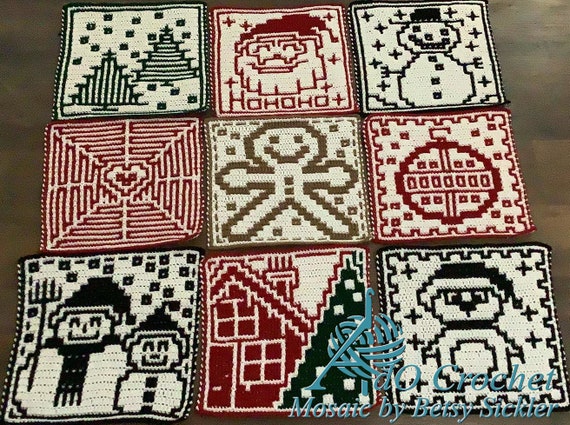 Christmas Potholders, 9 Different Patterns in Interlocking Filet