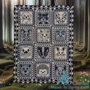 Peut inclure: Une couverture carrée au crochet faite à la main, avec un motif mosaïque représentant divers animaux de la forêt dans une grille. Les animaux sont représentés dans des tons de gris et de blanc, avec une bordure bleu foncé et des motifs de pattes.