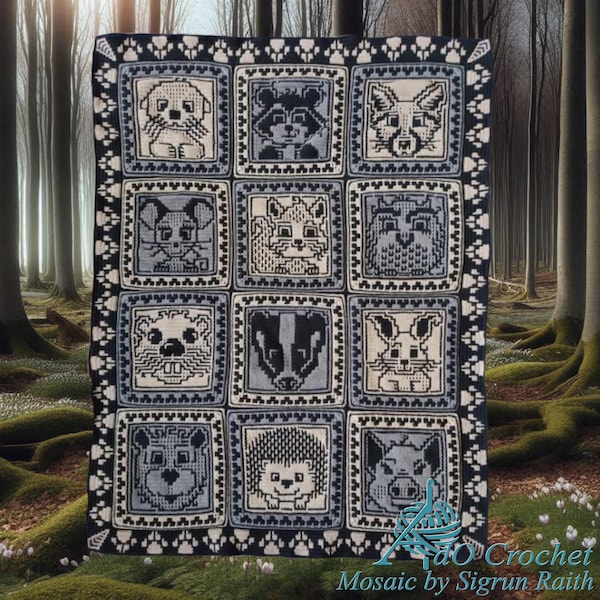 Creature della foresta, 12 allegri quadratini a forma di animali, schemi digitali per l'uncinetto