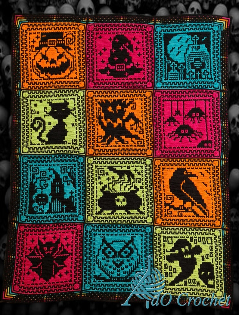 May include: A colorful crochet blanket with a Halloween theme. The blanket is made up of 12 squares, each featuring a different Halloween icon, such as a pumpkin, a witch's hat, a ghost, a bat, a cat, a haunted house, a crow, an owl, and a skull. The blanket is made with bright colors, including orange, green, blue, pink, and black.