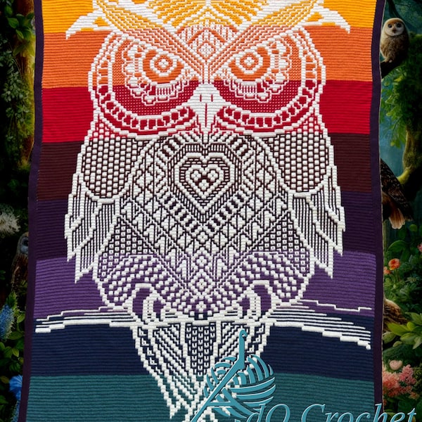 フクロウのオリー、オーバーレイモザイク、インターロッキングフィレクロッシェ。デジタルパターン（英語、オランダ語、ドイツ語）