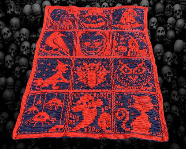 May include: A red and blue crocheted blanket with a Halloween theme. The blanket is made up of nine squares, each with a different Halloween-themed design, including a witch, a bat, a ghost, a skull, a pumpkin, and an owl.