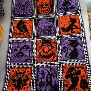 May include: A purple and orange crocheted blanket with a Halloween theme. The blanket is made up of nine squares, each featuring a different Halloween icon, including an owl, a skull, a witch's hat, a raven, a haunted house, a witch on a broomstick, spiders, a jack-o'-lantern, a black cat, a bat, a graveyard, and a ghost.