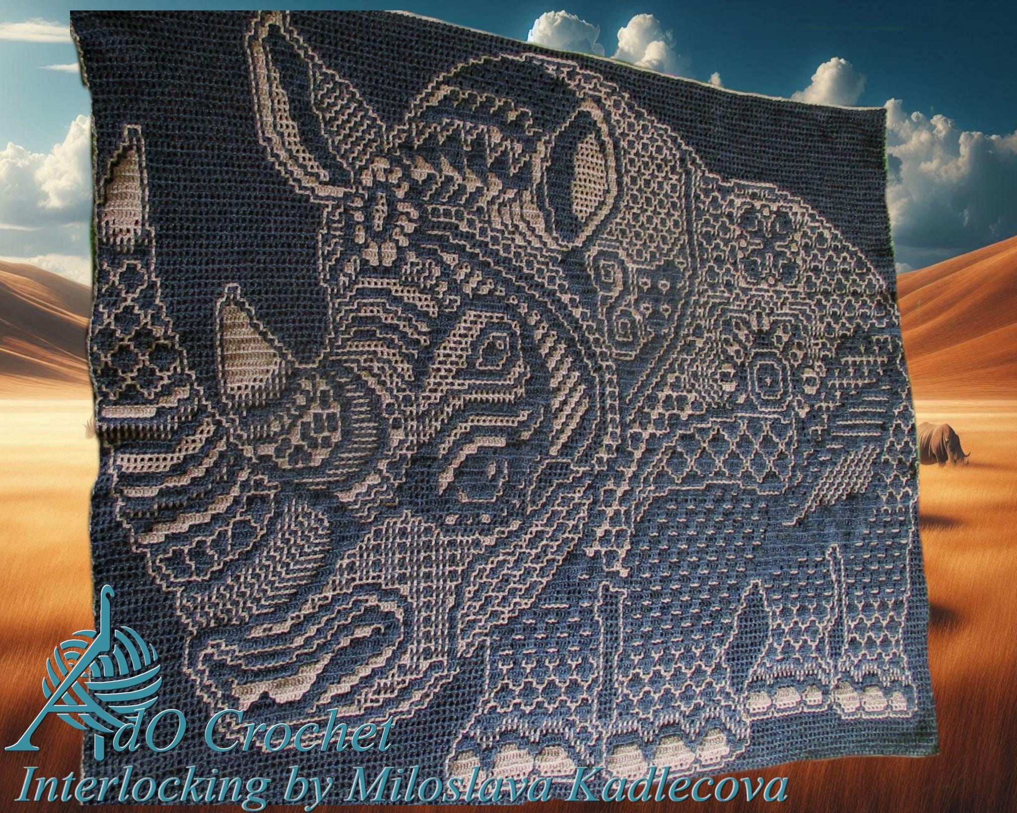 Zen Tangle Rhinoceros, a Digital Crochet Pattern in English, Dutch