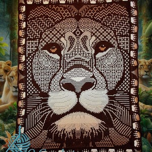 May include: A brown and beige crochet blanket with a lion's face design. The blanket has a border of paw prints. The text "Mosaic Anneke den Outer" is at the bottom of the blanket.