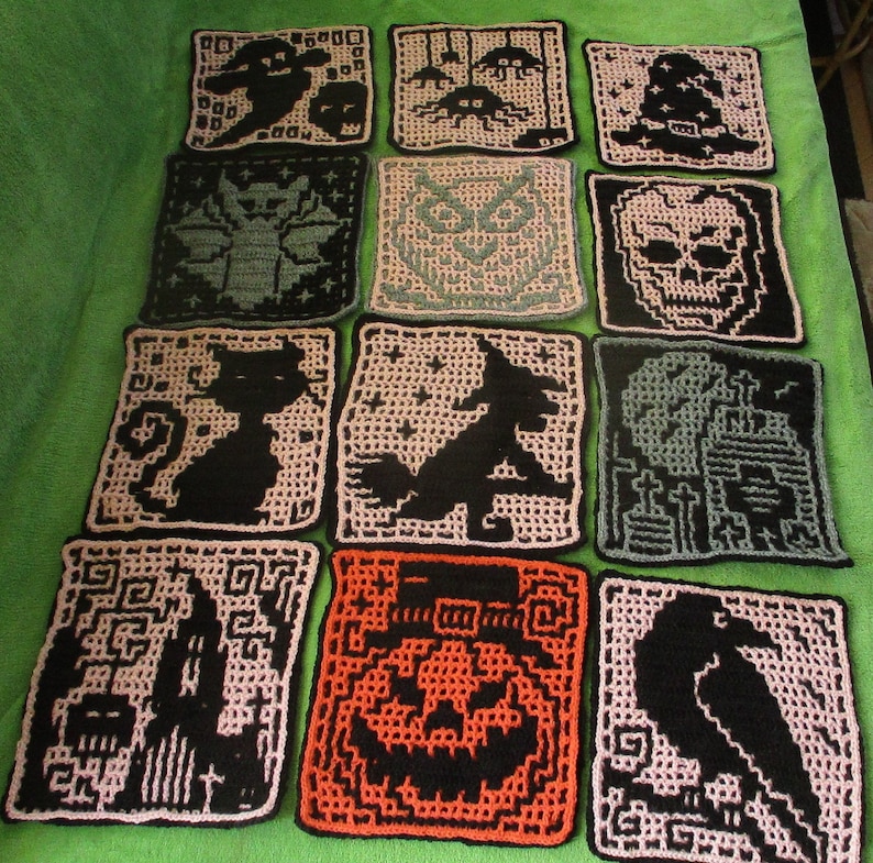 May include: A set of 12 crocheted Halloween-themed squares featuring various designs, including a cat, an owl, a skull, a witch, a pumpkin, a raven, and a ghost. The squares are made with black and white yarn and have a variety of colors, including orange, green, and pink.