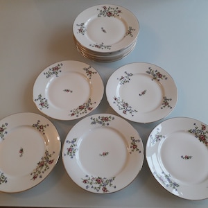 Set of 12 flat plates and 10 soup plates in LIMOGE porcelain - &quot;Roses and Bleuets&quot; pattern