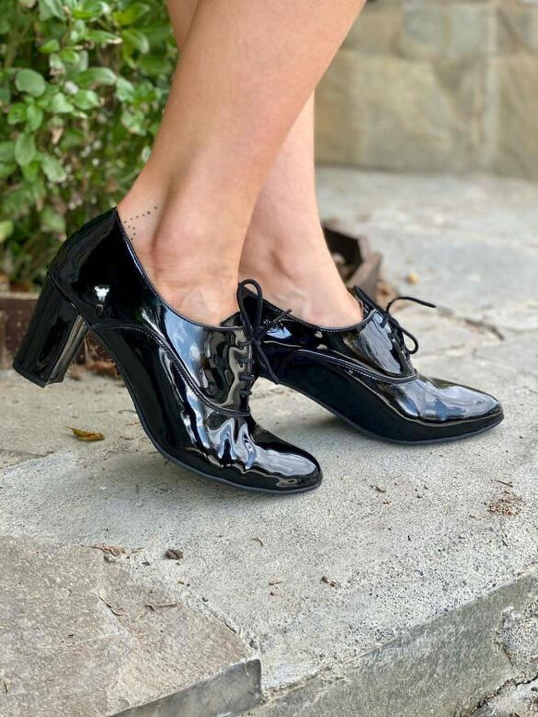 Women's Black Oxford Shoes Shiny Leather Shoes Tie Shoes High Heel 7cm ...