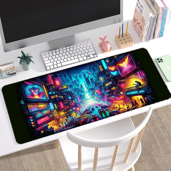 Cyberpunk Neon City Desk Mat | Futuristic Urban Gaming Mouse Pad | Vibrant Tech Noir Artwork | Large Cyber Deskpad | Sci-Fi Gamer Gift