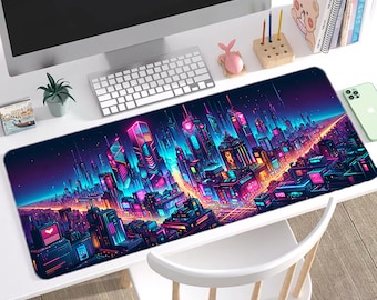 de bureau Cyberpunk Cityscape | Neon Tech, tablette de jeu de science-fiction