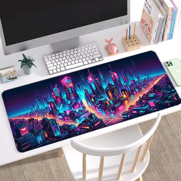 Tapis de souris Cyberpunk Cityscape | Neon Tech Grand tapis de bureau | Tapis de souris urbain futuriste | Tapis de jeu de science-fiction | Accessoire de bureau Cyber World