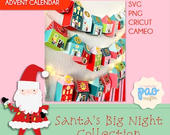 May include: A printable advent calendar featuring a string of colorful houses with numbers 1 through 20. The houses are decorated with festive details and are perfect for a Christmas countdown. The image also includes the text "Santa's Big Night Collection" and "pao crafter".