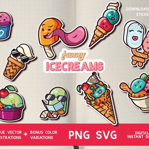 afdrukbare PNG-stickers, grappige ijsjes, PNG, SVG, hoge resolutie digitaal ontwerp, png voor Cricut, commercieel gebruik, gratis demo in beschrijving