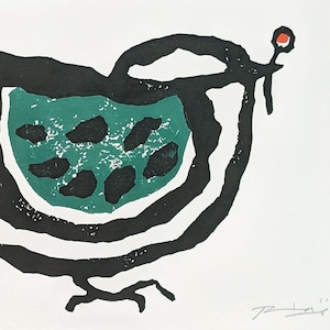 Watermelon Bird (seconda edizione) - Stampa artistica originale in linoleografia, formato A5, edizione limitata, design poetico e umoristico