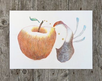 Bite! - Original colored pencil drawing, poetic Illustration, signed by artist