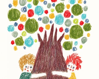 Listening to the tree - Original Offset Print, Poetic Illustration of colored pencils, Signed by Artist