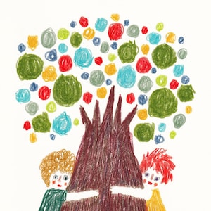 Ascoltando l'albero - Stampa offset originale, illustrazione poetica di matite colorate, firmata dall'artista