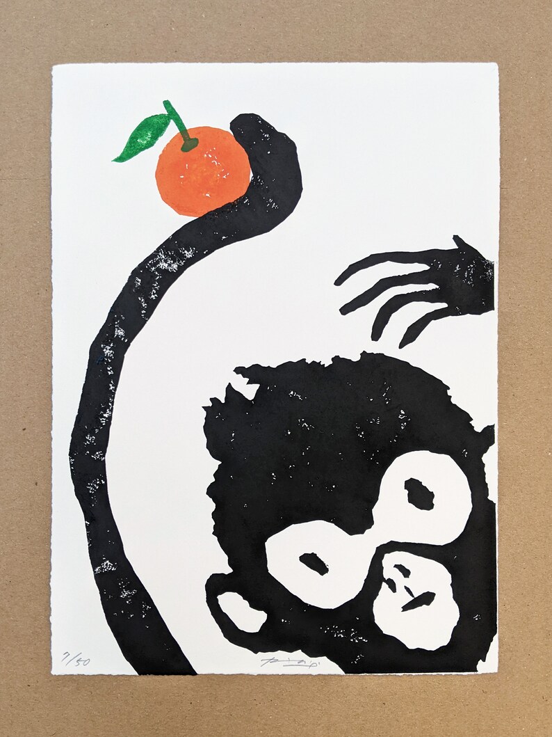 A New Friend Original Linocut Hand Print A4 Size, Humorous and Simple