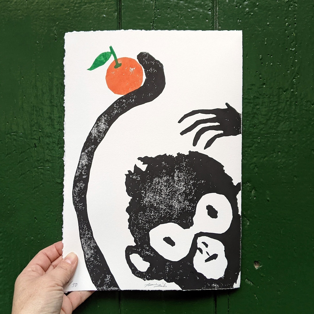 A New Friend Original Linocut Hand Print A4 Size, Humorous and Simple