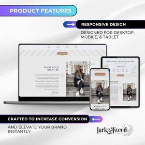 May include: A digital marketing design showcasing a website layout on a laptop, tablet, and smartphone. The design is responsive and crafted to increase conversion. The text reads "Product Features", "Responsive Design", and "Crafted to Increase Conversion".