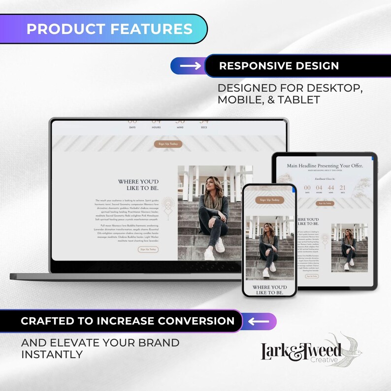 May include: A digital marketing design showcasing a website layout on a laptop, tablet, and smartphone. The design is responsive and crafted to increase conversion. The text reads "Product Features", "Responsive Design", and "Crafted to Increase Conversion".