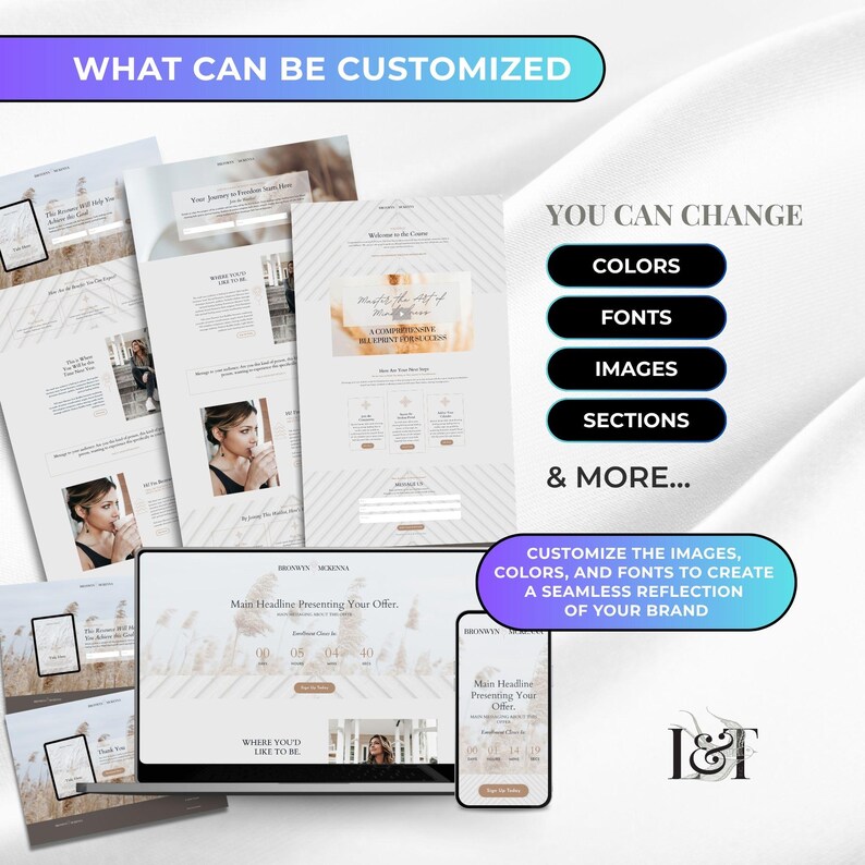 May include: A digital marketing template display featuring multiple website layout mockups on a laptop and smartphone screen. Text includes WHAT CAN BE CUSTOMIZED, YOU CAN CHANGE COLORS, FONTS, IMAGES, SECTIONS & MORE, and L&T branding.