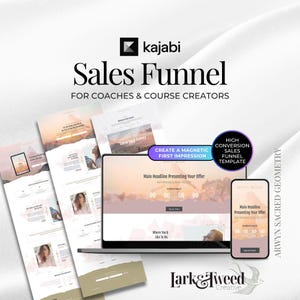 May include: A digital marketing graphic with the Kajabi logo and the words "Sales Funnel for Coaches & Course Creators." The image includes a laptop, phone, and several printouts displaying website mockups. The design features a soft color palette.