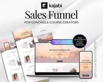 May include: A digital marketing graphic with the Kajabi logo and the words "Sales Funnel for Coaches & Course Creators." The image includes a laptop, phone, and several printouts displaying website mockups. The design features a soft color palette.