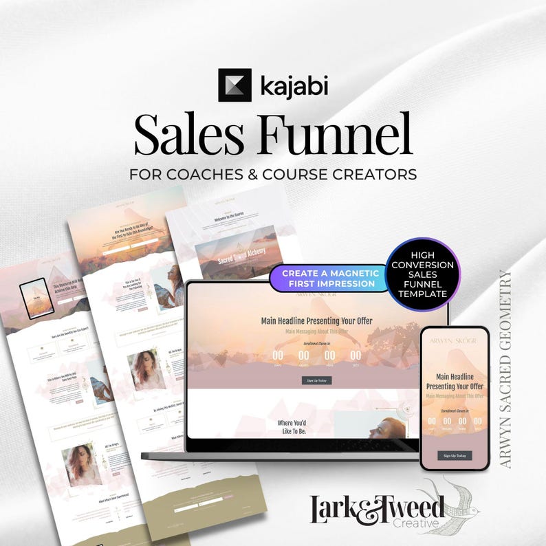 May include: A digital marketing graphic with the Kajabi logo and the words "Sales Funnel for Coaches & Course Creators." The image includes a laptop, phone, and several printouts displaying website mockups. The design features a soft color palette.