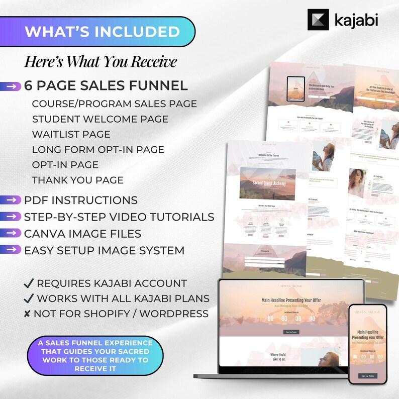 May include: A digital marketing sales funnel package with the Kajabi logo. The image includes a laptop and smartphone displaying website mockups, along with printouts of the sales funnel pages. Text includes "6 PAGE SALES FUNNEL" and "REQUIRES KAJABI ACCOUNT."