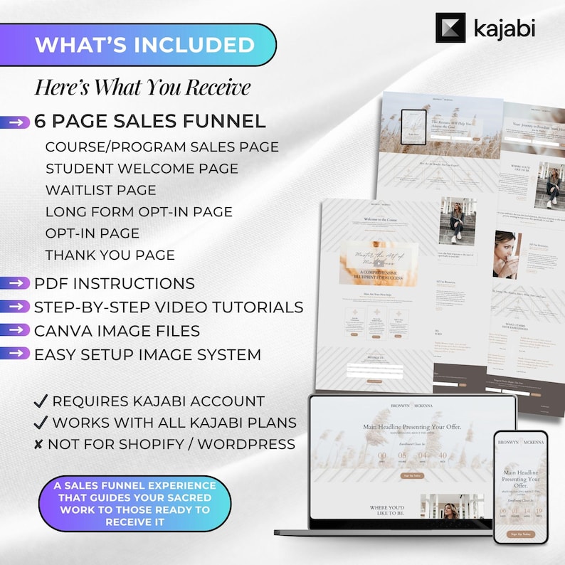 May include: A digital marketing graphic showcasing a sales funnel experience. The image includes a laptop, phone, and several page layouts. Text includes "6 PAGE SALES FUNNEL", "PDF INSTRUCTIONS", and "CANVA IMAGE FILES". The Kajabi logo is in the top right corner.