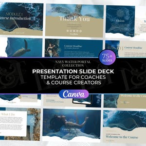 Slide Deck Presentation Canva Template: Coaching & Course Creators Blue Water Theme Soulful (75 Slides)
