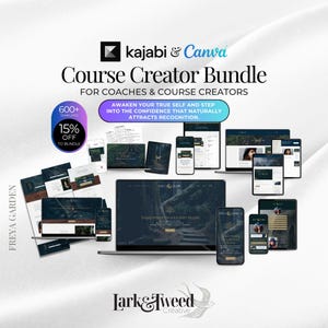 May include: A digital marketing bundle for course creators, featuring a laptop, tablets, and smartphones displaying website templates. The image includes the text "Course Creator Bundle" and "15% off to bundle."