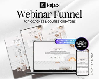 May include: A digital marketing template for Kajabi featuring a laptop and smartphone displaying a webinar funnel for coaches and course creators. The design includes text such as "Join Our Transformational Masterclass" and "High Conversion Webinar Template" with a neutral color palette.