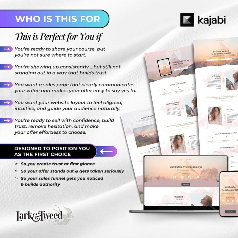 May include: A promotional image for Kajabi, featuring website mockups on a laptop, tablet, and phone. Text includes "Who is this for?" and "Designed to position you as the first choice." The Lark & Tweed Creative logo is at the bottom.