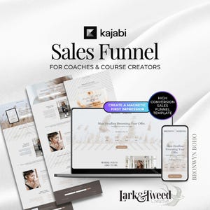 May include: A digital marketing design featuring a laptop and smartphone displaying a sales funnel template. The design includes the text "Sales Funnel" and "For Coaches & Course Creators". The design also includes the text "Create a Magnetic First Impression".