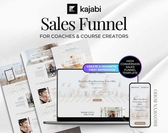 May include: A digital marketing design featuring a laptop and smartphone displaying a sales funnel template. The design includes the text "Sales Funnel" and "For Coaches & Course Creators". The design also includes the text "Create a Magnetic First Impression".