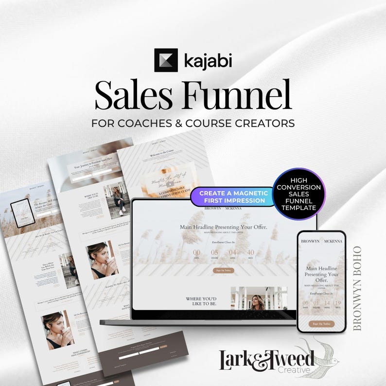 May include: A digital marketing design featuring a laptop and smartphone displaying a sales funnel template. The design includes the text "Sales Funnel" and "For Coaches & Course Creators". The design also includes the text "Create a Magnetic First Impression".