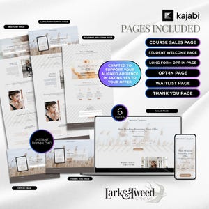 May include: A digital marketing design showcasing website page templates, including a course sales page, student welcome page, and opt-in page. The design includes the text "Pages Included" and "Instant Download."
