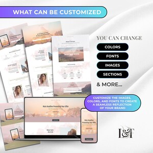 May include: A digital marketing design showcasing website mockups on various devices. The image includes the text "WHAT CAN BE CUSTOMIZED" and "YOU CAN CHANGE" with options for colors, fonts, images, and sections. The design also features the text "CUSTOMIZE THE IMAGES, COLORS, AND FONTS TO CREATE A SEAMLESS REFLECTION OF YOUR BRAND."